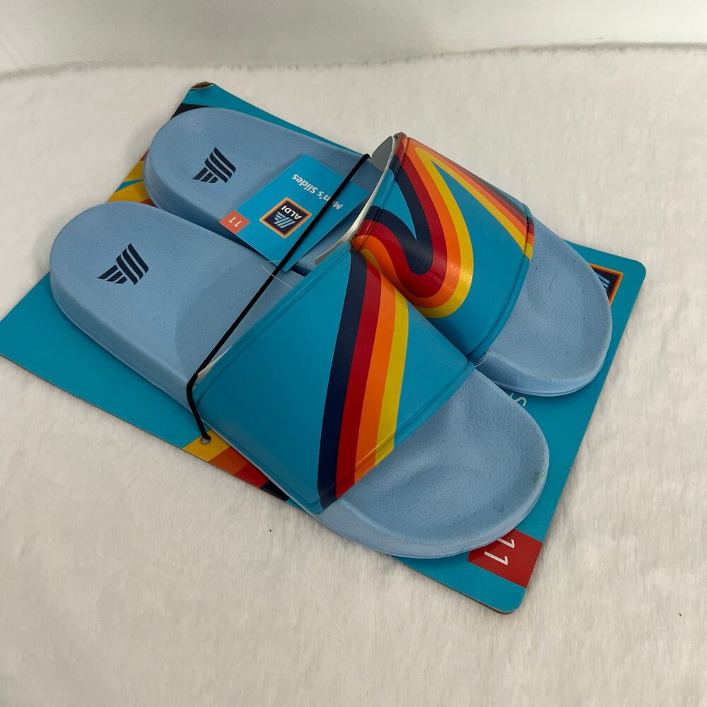 Aldi's Comfort Slide Sandals Men Size 11 Lightweight Blue Rainbow Striped NWT